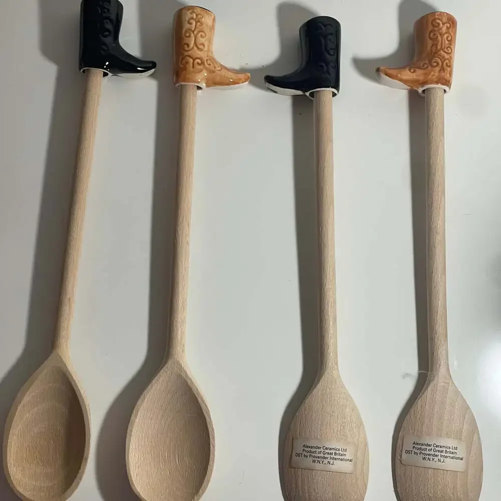 Vintage Cowboy Boot Ceramic Handle Wooden Spoons Set of 4